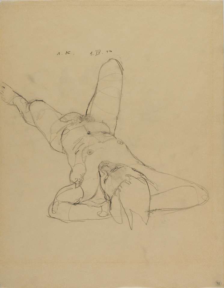 Anton Kolig, Lying Male Nude, 1947, Pencil ; 45x35cm ; signed, dated and designated ("A.K." , "1.IV.47", at the bottom right "No.75"); Lit.: "Man&Frau;", Rupertinum 2001, p. 87