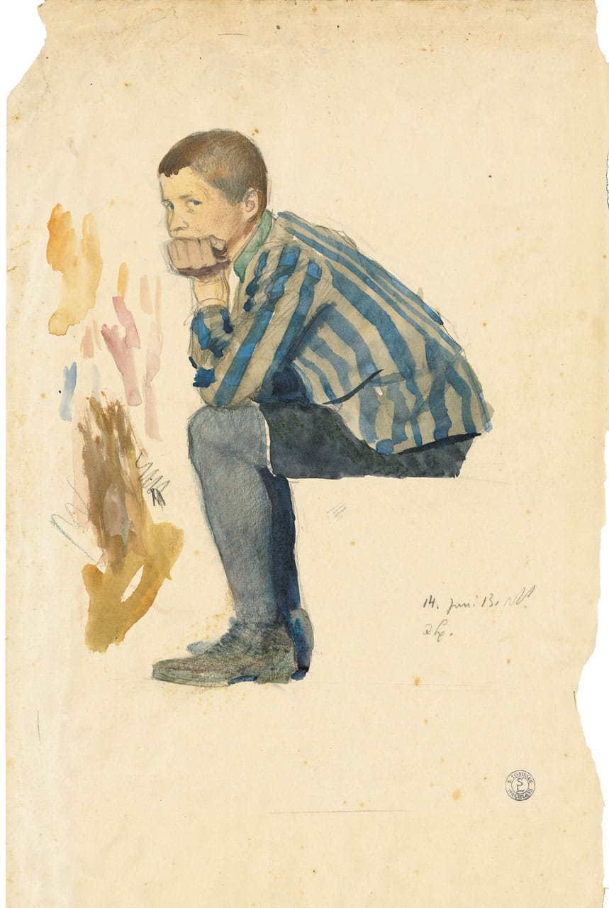 Switbert Lobisser (1878-1943), Seated Boy, 1913, watercolor, 47x25.5cm, titled and dated