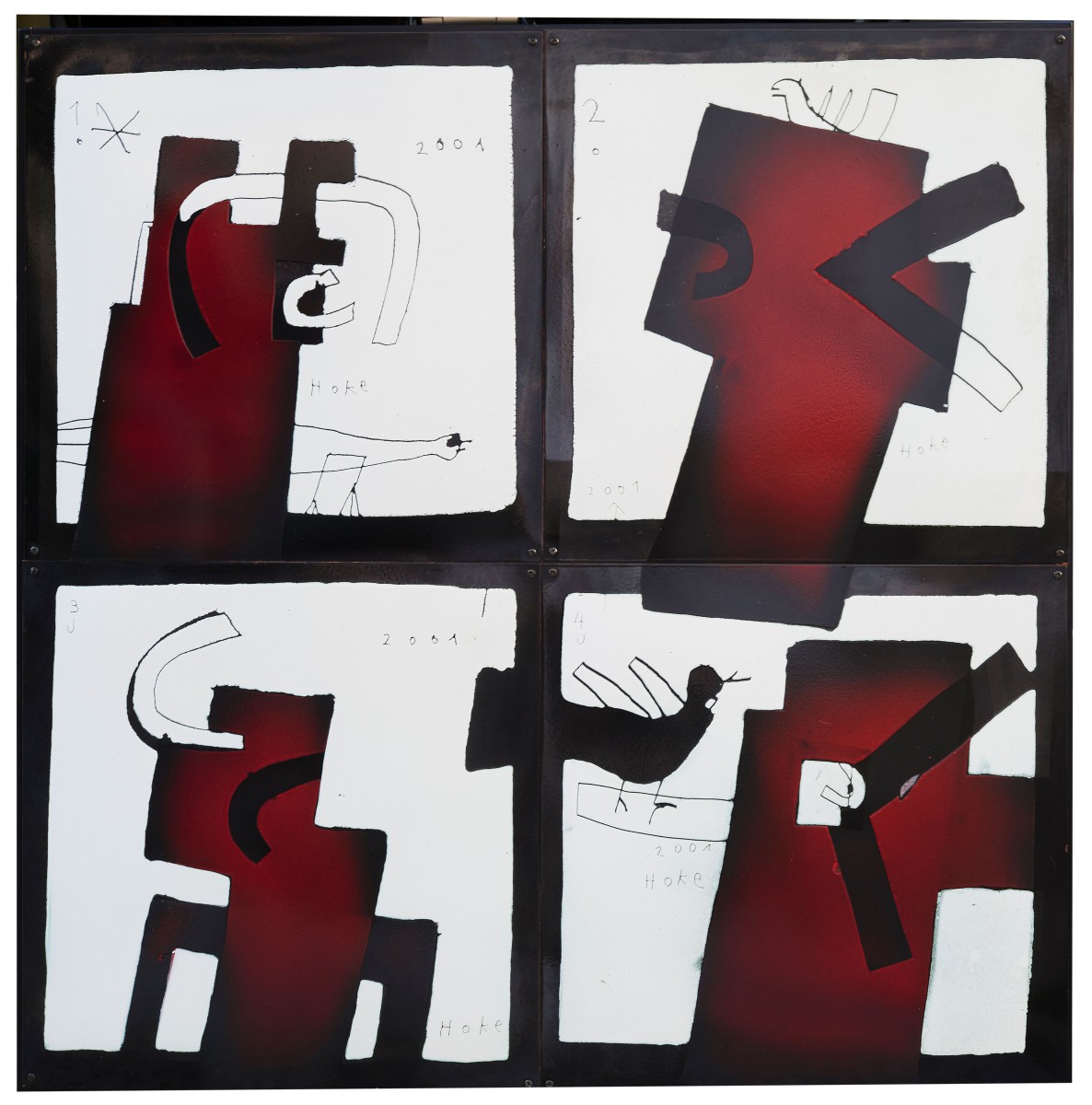 Giselbert Hoke (1927-2015), Untitled, 2001, Emeilearbeiten, each 50x50cm 1-4, total size 102x102cm, 4x signed and dated