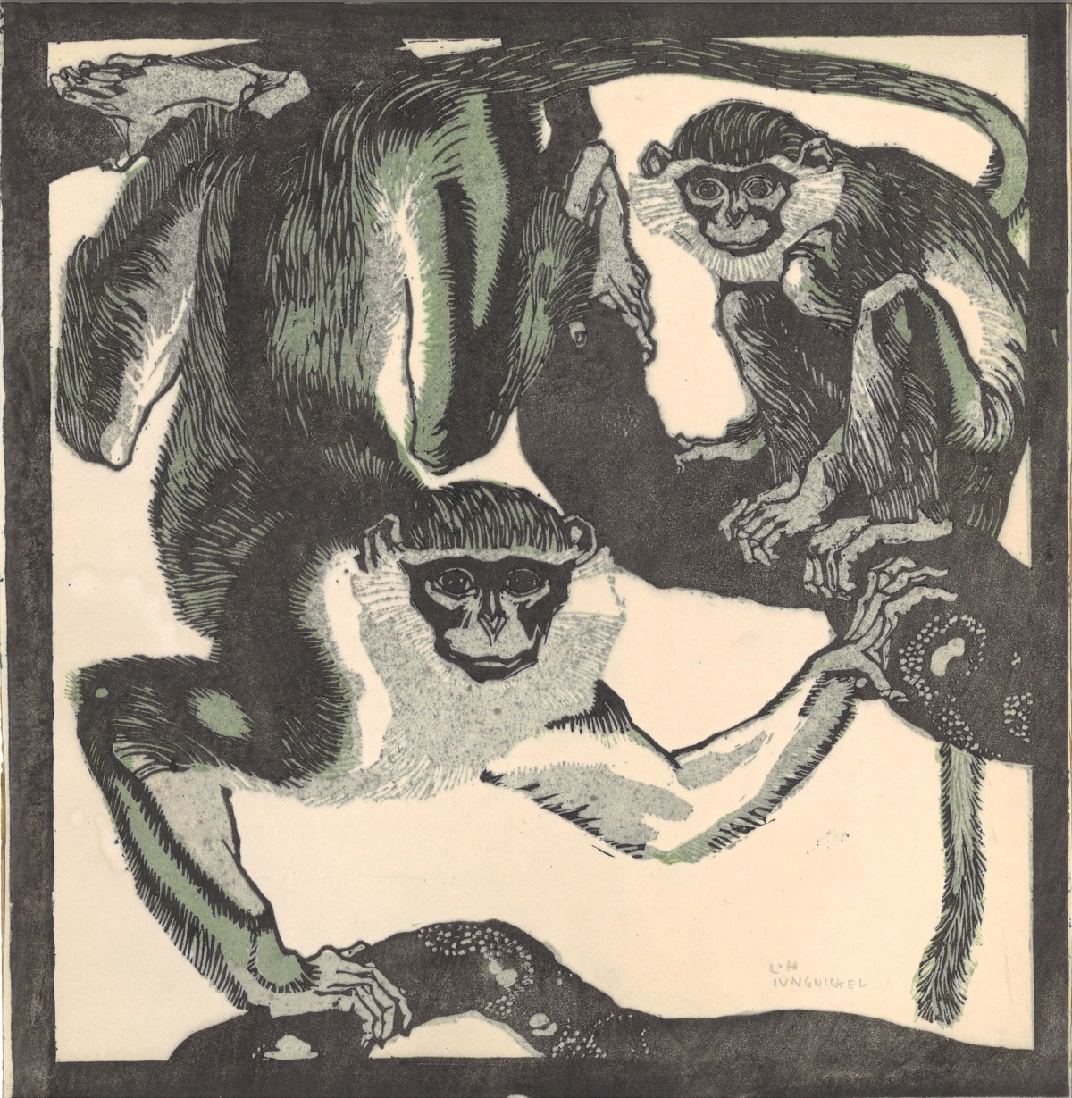 Ludwig Heinrich Jungnickel, Makak Monkeys, Schönbrunner Tiertypen, 1909, colour woodcut, 30,3x28,7cm, signed