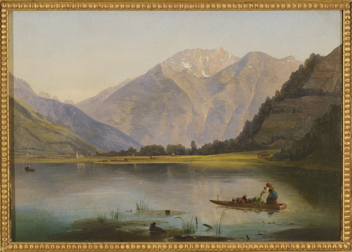 Markus Pernhart (1824-1871), Gösselsdorfersee with a view of the Obir massif, oil on cardboard, 21x29cm