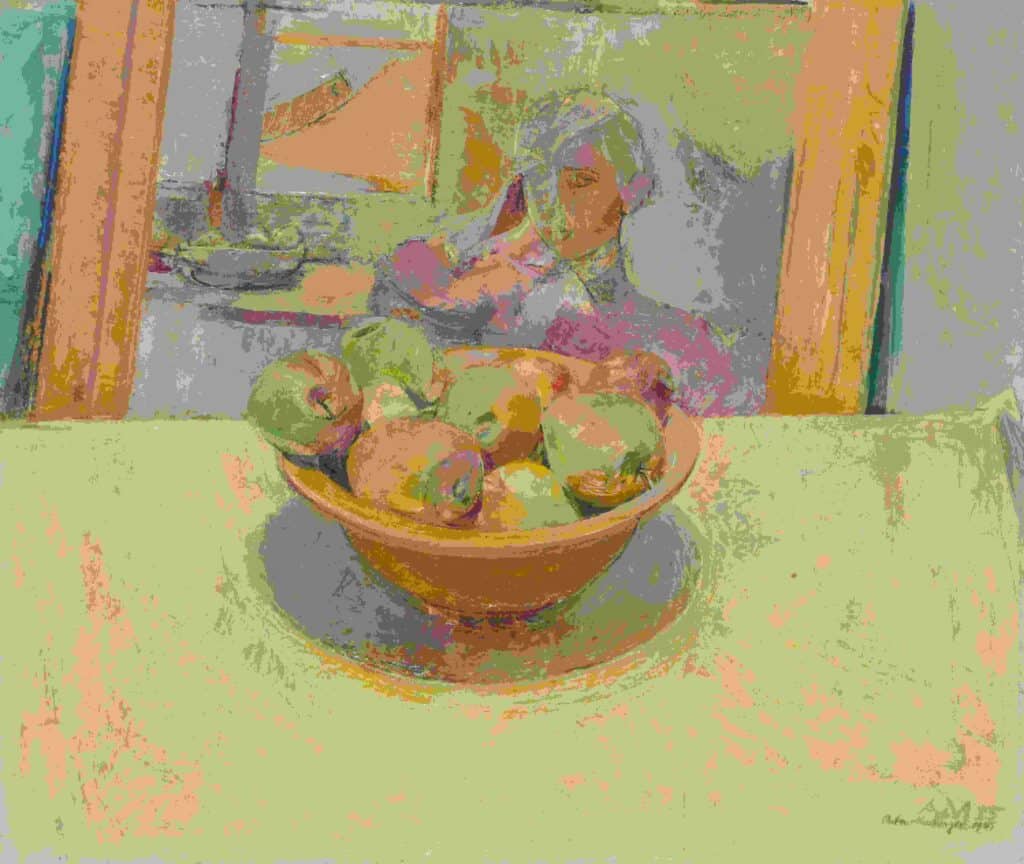 Anton Mahringer (1902-1974), Stillleben mit Äpfeln (Clemens am Fenster), 1944, Öl auf Leinwand, 46x54cm, signiert und datiert, WVAM 316